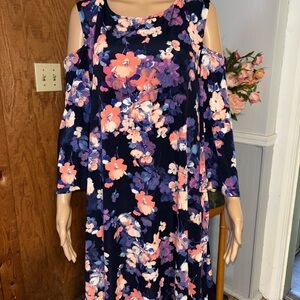 Nina Leonard Navy Cold-Shoulder Floral Midi Dress with Coral & Purple Blooms